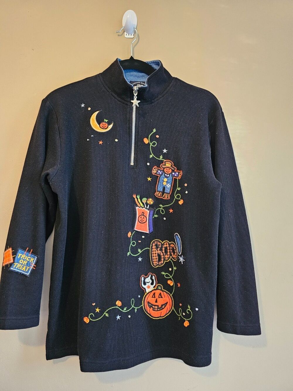 Moving Bleu 1/4 zip Sweater Womens small  Halloween Embroidered Denim